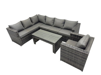 Fimous 4 Pieces Outdoor Pe Rattan Garden Furniture Corner Sofa Oblong Coffee Table Set With Cushions Dark Grey Mixed - image 1