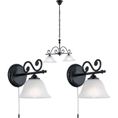 Elegant Twin Ceiling Pendant Light With Matching Black Wall Sconces And Alabaster Glass - image 1