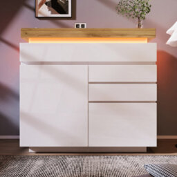 Btm White High Gloss Sideboard 2 Doors 3 Drawers Rgb Led App Controlled Multi Purpose Cabinet 110Cm - thumbnail 1