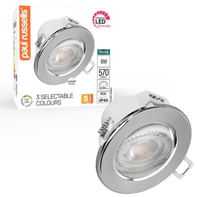 Paul Russells Led Downlight Chrome Dimmable Tilt Recessed Ceiling Spotlight 6W 570 Lumens, Ip44, Colour Changeable Cct3 - image 1
