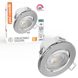 Paul Russells Led Downlight Chrome Dimmable Tilt Recessed Ceiling Spotlight 6W 570 Lumens, Ip44, Colour Changeable Cct3