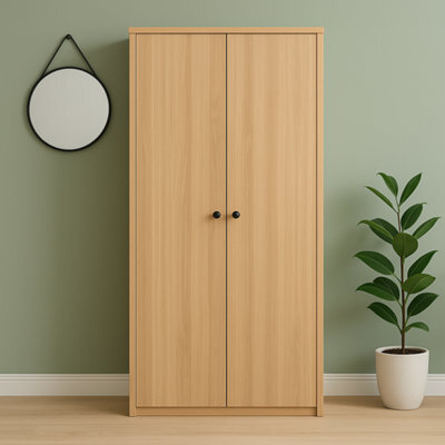 Home Treats 2 Door Wooden Wardrobe Pine Woodgrain Closet With 1 Shelf & Clothes Rail - image 1