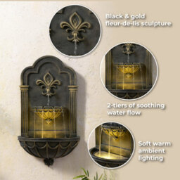 Teamson Home Fleur-De-Lis Wall-Mounted Water Fountain Warm Led, Black & Gold - thumbnail 8