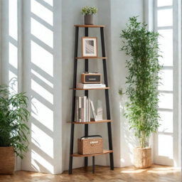 FURNOLD 5 Tier Industrial Freestanding Corner Bookcase Shelving Unit Rustic Brown - thumbnail 4