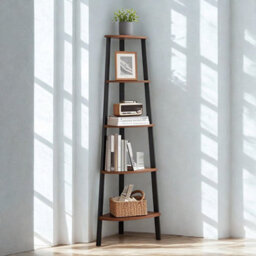 FURNOLD 5 Tier Industrial Freestanding Corner Bookcase Shelving Unit Rustic Brown - thumbnail 1