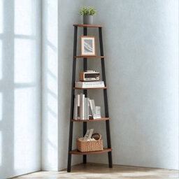 FURNOLD 5 Tier Industrial Freestanding Corner Bookcase Shelving Unit Rustic Brown - thumbnail 3
