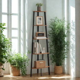 FURNOLD 5 Tier Industrial Freestanding Corner Bookcase Shelving Unit Rustic Brown - thumbnail 2