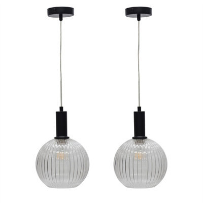 First Choice Lighting Set Of 2 Betchley - Clear Ribbed Glass Globe Black Deco Pendants - image 1