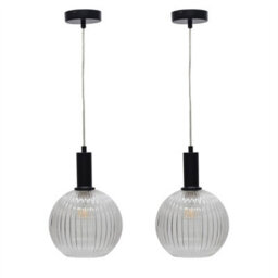 First Choice Lighting Set Of 2 Betchley - Clear Ribbed Glass Globe Black Deco Pendants - thumbnail 1