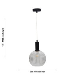 First Choice Lighting Set Of 2 Betchley - Clear Ribbed Glass Globe Black Deco Pendants - thumbnail 6