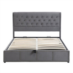 Abrihome 180X200Cm, Upholstered Super King Size Bed, With Hydraulic Lever, Functional Storage Bed, Rivet Decoration, Velvet, Grey - thumbnail 2