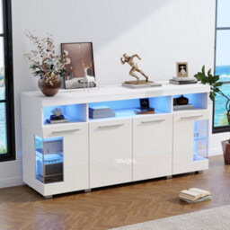 Matteo 140Cm Modern High Gloss White Sideboard With Led Lighting And Glass Shelves - thumbnail 2