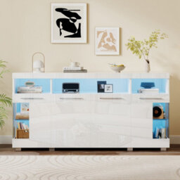 Matteo 140Cm Modern High Gloss White Sideboard With Led Lighting And Glass Shelves - thumbnail 6