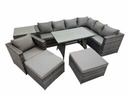Fimous Rattan Garden Furniture Patio Furniture Sets With Dining Table Chair 2 Big Stools Side Table Dark Grey Mixed - thumbnail 1