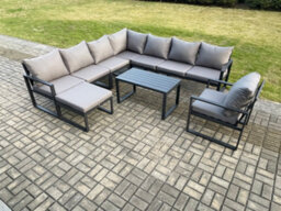 Fimous Aluminium Patio Outdoor Garden Furniture Lounge Corner Sofa Set With Oblong Coffee Table Big Footstool Chair - thumbnail 2