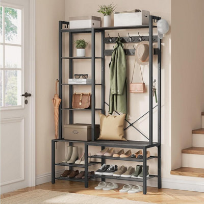Hall Tree Bench, Entryway Organizer, Coat Rack Shoe Storage, Multi Hook Stand, Large Size, Stone Grey And Ink Black - image 1