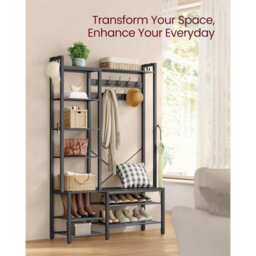 Hall Tree Bench, Entryway Organizer, Coat Rack Shoe Storage, Multi Hook Stand, Large Size, Stone Grey And Ink Black - thumbnail 3