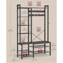 Hall Tree Bench, Entryway Organizer, Coat Rack Shoe Storage, Multi Hook Stand, Large Size, Stone Grey And Ink Black - thumbnail 2