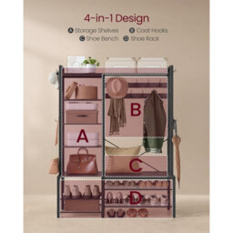 Hall Tree Bench, Entryway Organizer, Coat Rack Shoe Storage, Multi Hook Stand, Large Size, Stone Grey And Ink Black - thumbnail 4