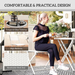 Outsunny 3 Pieces Outdoor Bistro Set, Glass Top Table And Chairs, White - thumbnail 6