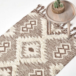 Homescapes Lhasa Handwoven Brown And Cream Textured Diamond Pattern Kilim Wool Rug, 120 X 170 Cm - thumbnail 1