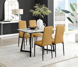 Furniturebox Uk Carson White Marble Effect Dining Table & 4 Mustard Velvet Milan Black Leg Chairs - thumbnail 1