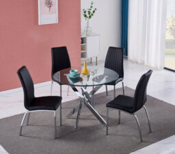 Furnizone UK Rolex 4-Seater 100Cm Round Clear Glass Dining Table And 4 Modalux Black Chairs Faux Leather Chairs - thumbnail 1
