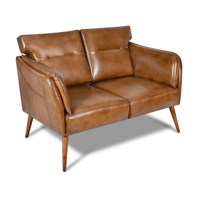 Real Genuine Leather 2 Seater Sofa Brown Tan Small Compact 95Cm High X 136Cm Wide X 86Cm Deep Seat Height 48Cm - image 1