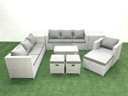 Fimous Wicker Pe Rattan Sofa Garden Furniture Set Armchair Oblong Coffee Table 3 Stools 2 Side Tables Light Grey - thumbnail 2