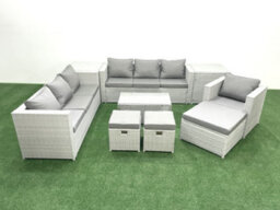 Fimous Wicker Pe Rattan Sofa Garden Furniture Set Armchair Oblong Coffee Table 3 Stools 2 Side Tables Light Grey - thumbnail 1