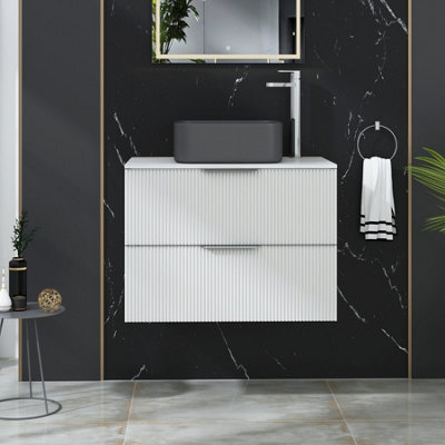 Royal Bathrooms Evora 700mm Matt White Fluted Wall Hung Countertop Vanity Unit 2 Drawer With Art Square Basin - image 1