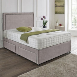 Dining Tables Seoul Matching Headboard Divan Set, 2 Drawer On Same Side With Sprung 1500 Comfort Mattress - Chenille Grey - Double - thumbnail 1