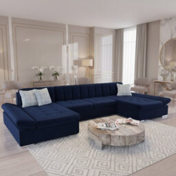 Alia Living Room Corner Sofa Bed With Polyurethane Foam Wave Spring Wooden Frame 360X160X75Cm Blue And Checked Cushions