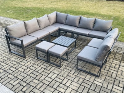 Fimous 11 Seater Outdoor Garden Furniture Aluminium Lounge Corner Sofa Set With Coffee Table With 2 Small Footstools