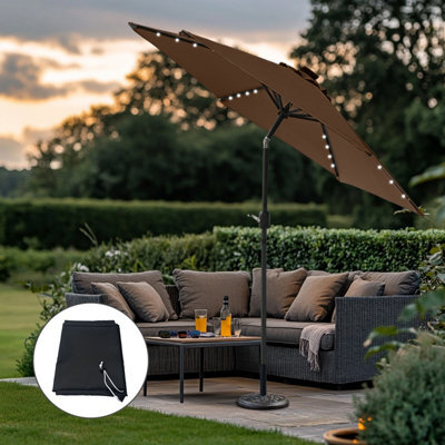 Sundaze 2.5M Coffee Garden Parasol Umbrella With Solar Led Lights Outdoor Patio Crank Tilt, Base Weights & Green Cover by B&Q | uFurnish.com Sundaze 2.5M Coffee Garden Parasol Umbrella With Solar Led Lights Outdoor Patio Crank Tilt, Base Weights & Green Cover by B&Q | uFurnish.com
