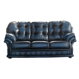 Chesterfield 3 Seater Antique Blue Leather Sofa Bespoke In Knightsbridge Style - thumbnail 1
