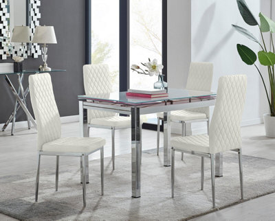 Furniturebox Uk Enna White Glass Extending Dining Table And 4 Cream Velvet Milan Chairs - image 1