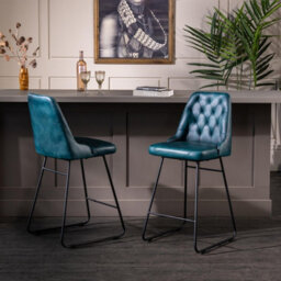 Where Saints Go Ltd Hague Bar Stool, Blue Button-Tufted Buffalo Leather, Matt Black Iron Frame, 66Cm By Where Saints Go - thumbnail 1