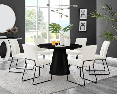 Furniturebox Uk Palma Black Semi-Gloss Round Pedestal Dining Table & 6 Cream Fabric Halley Black Leg Chairs - image 1