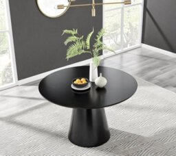 Furniturebox Uk Palma Black Semi-Gloss Round Pedestal Dining Table & 6 Cream Fabric Halley Black Leg Chairs - thumbnail 4