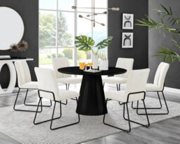 Furniturebox Uk Palma Black Semi-Gloss Round Pedestal Dining Table & 6 Cream Fabric Halley Black Leg Chairs - thumbnail 1