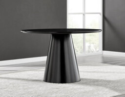 Furniturebox Uk Palma Black Semi-Gloss Round Pedestal Dining Table & 6 Cream Fabric Halley Black Leg Chairs - thumbnail 2