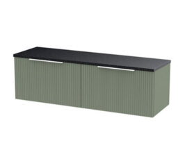 Hudson Reed Fluted Wall Hung 2-Drawer Vanity Unit & Black Laminate Worktop, Counter Top Vanity Unit In Satin Green, 1200mm
