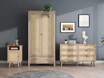 Willow Oak Real Rattan 3 Piece Bedroom Set 2 Door 1 Drawer Wardrobe 1 Door Bedside 6 Drawer Chest - image 1