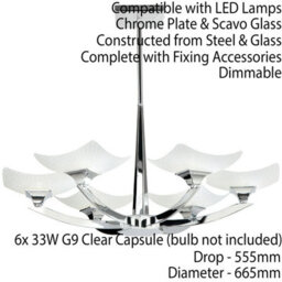 Semi Flush Ceiling Light Chrome & Scavo Glass 6 Bulb Hanging Pendant Lamp Shade - thumbnail 2