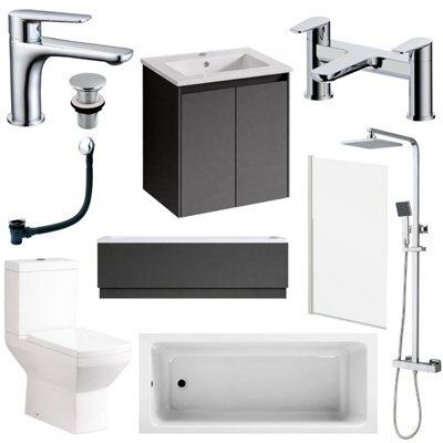 Plum&clay Complete Bathroom Suite Chrome Taps 500mm Grey Wall Hung Vanity Unit Bath Shower Screen Toilet Waste - image 1