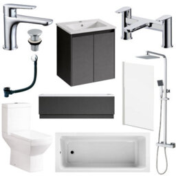 Plum&clay Complete Bathroom Suite Chrome Taps 500mm Grey Wall Hung Vanity Unit Bath Shower Screen Toilet Waste