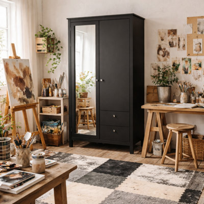 Wyld Haus Gossmere Matt Black Wardrobe, 2 Doors 2 Drawers, Mirrored Panel, 1990X1023X584 mm - image 1