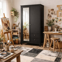 Wyld Haus Gossmere Matt Black Wardrobe, 2 Doors 2 Drawers, Mirrored Panel, 1990X1023X584 mm - thumbnail 1