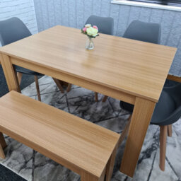 Kosy Koala Oak Effect Dining Table Set With 4 Grey Plastic Chairs And Bench Dining Room Furniture - thumbnail 9